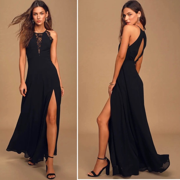 Lulus Dresses & Skirts - NWT Lulu's Romantic Mood Black Lace Sleeveless Open Back Slit Maxi Dress Gown XS